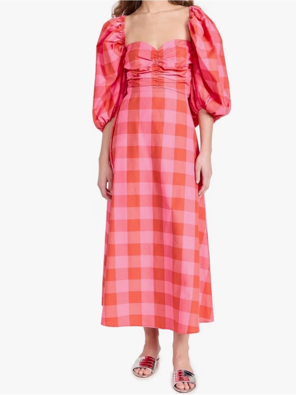 Pink & Red Gingham Maxi Dress with Puff Sleeves